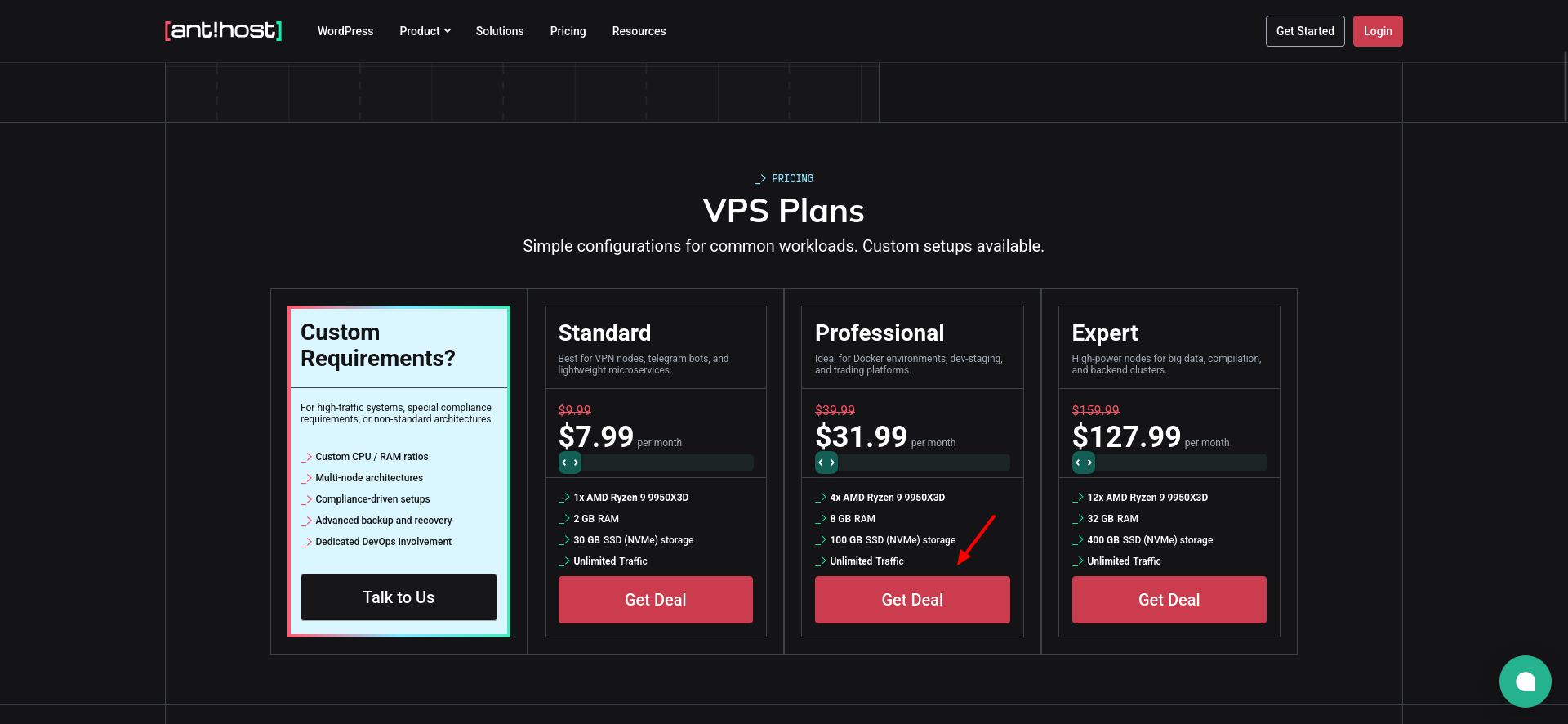 screenshot of the Antihost VPS Hosting plans