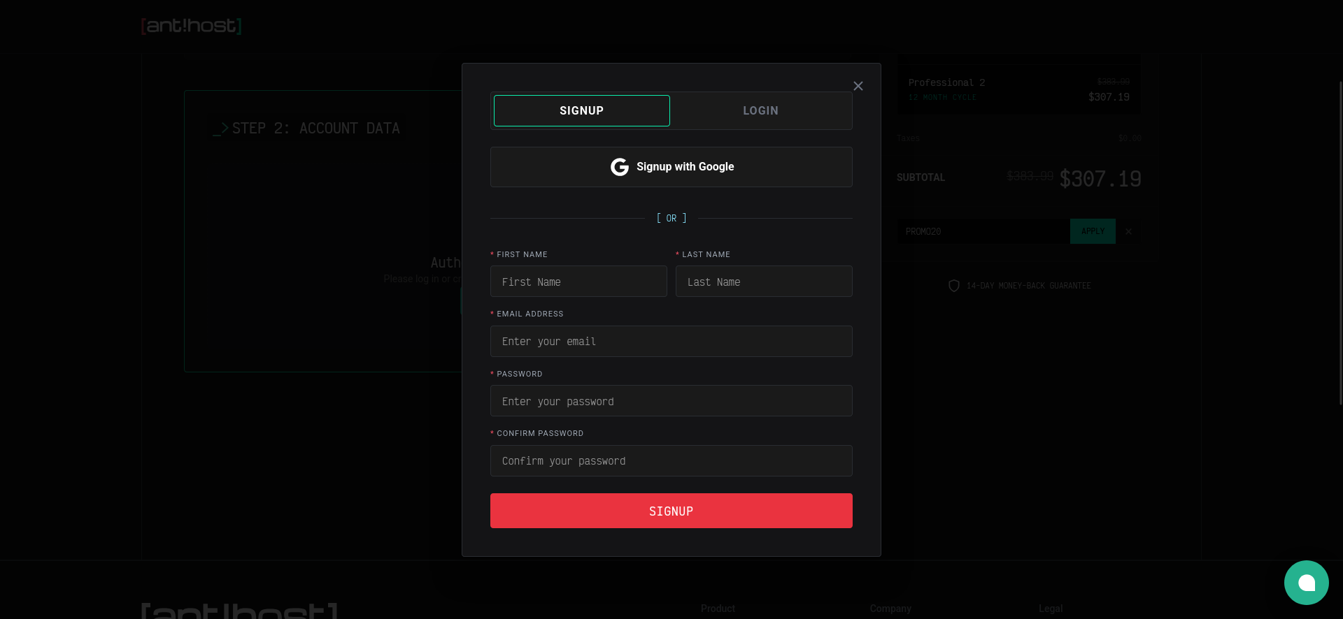 screenshot of the sign-up form