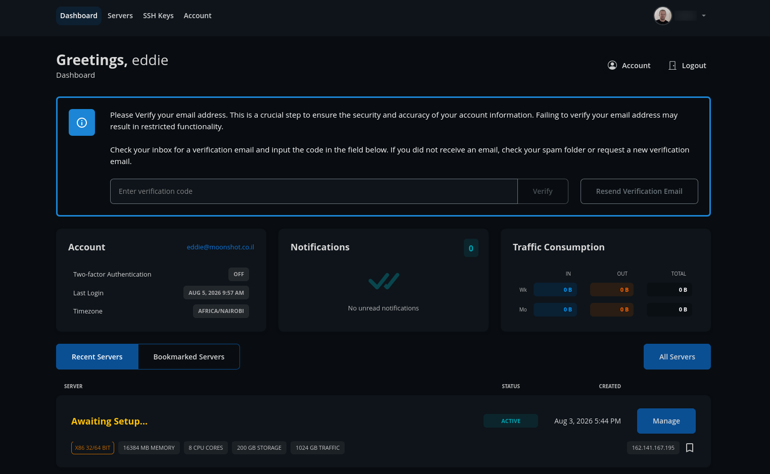 screenshot of the dashboard