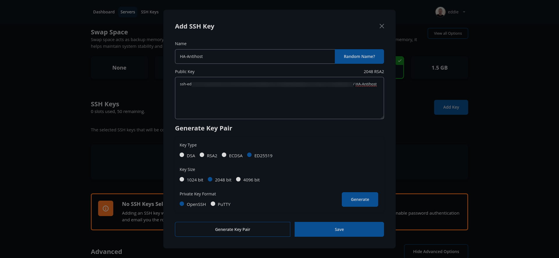 screenshot of SSH Key settings