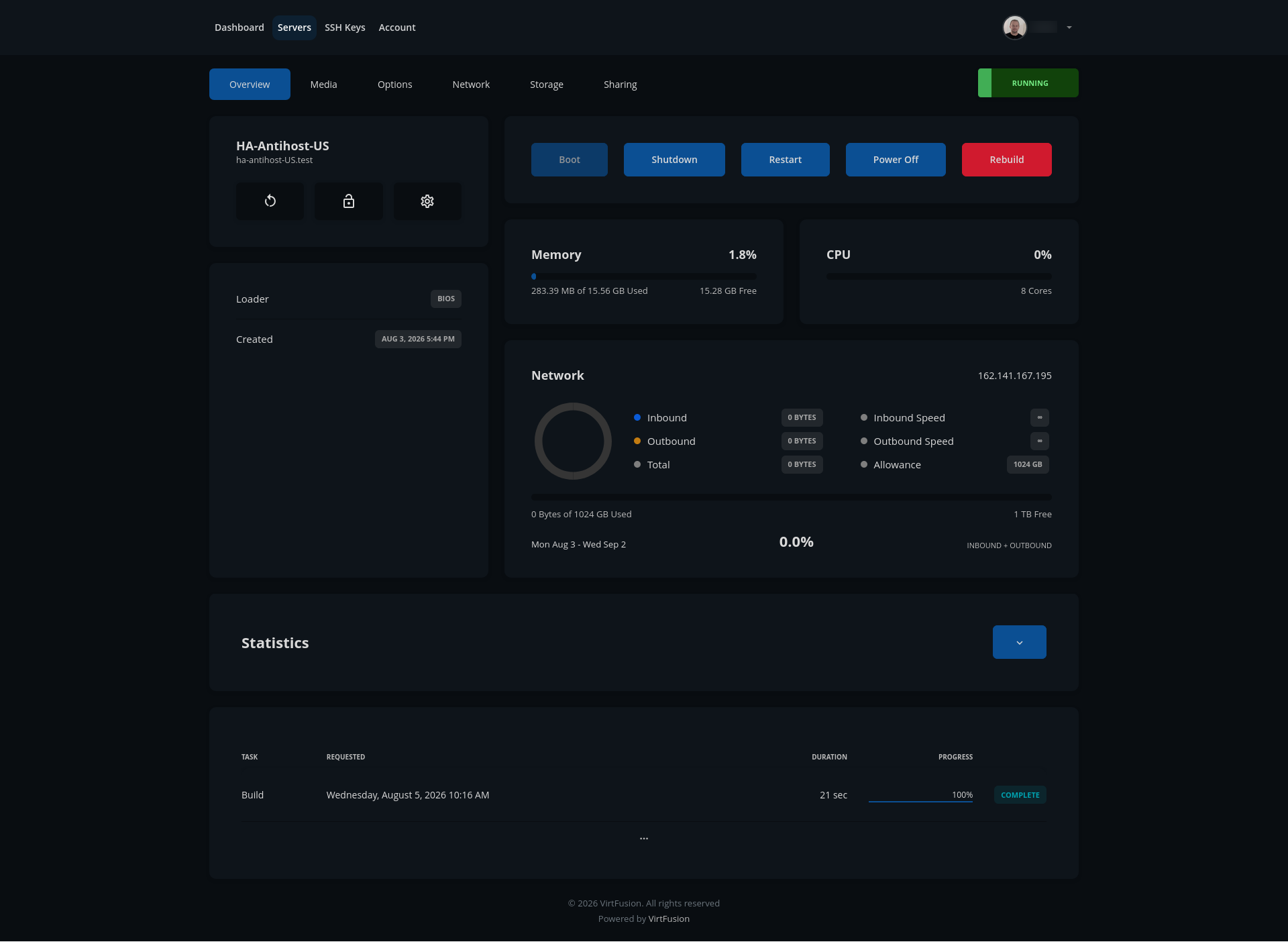 screenshot of the server management page