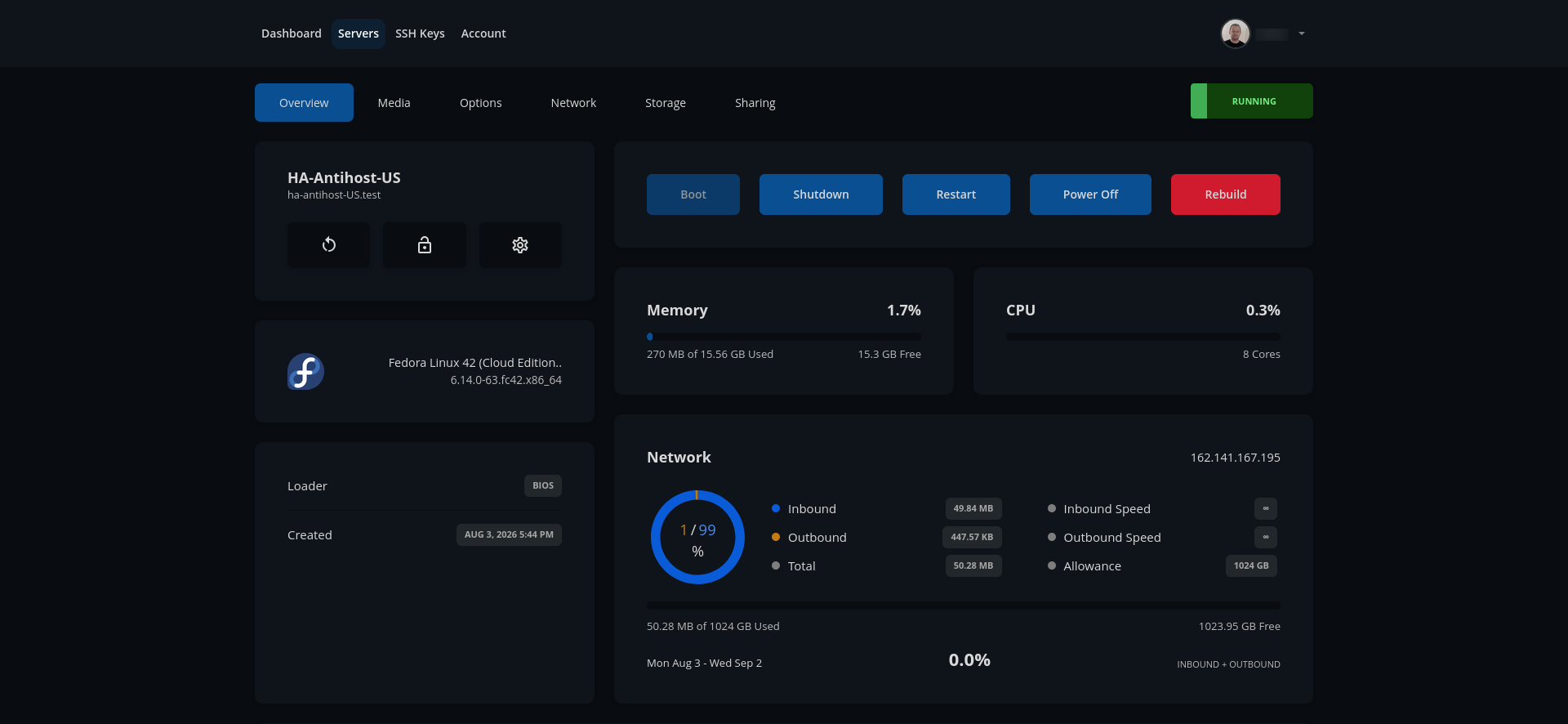 screenshot of the server management page