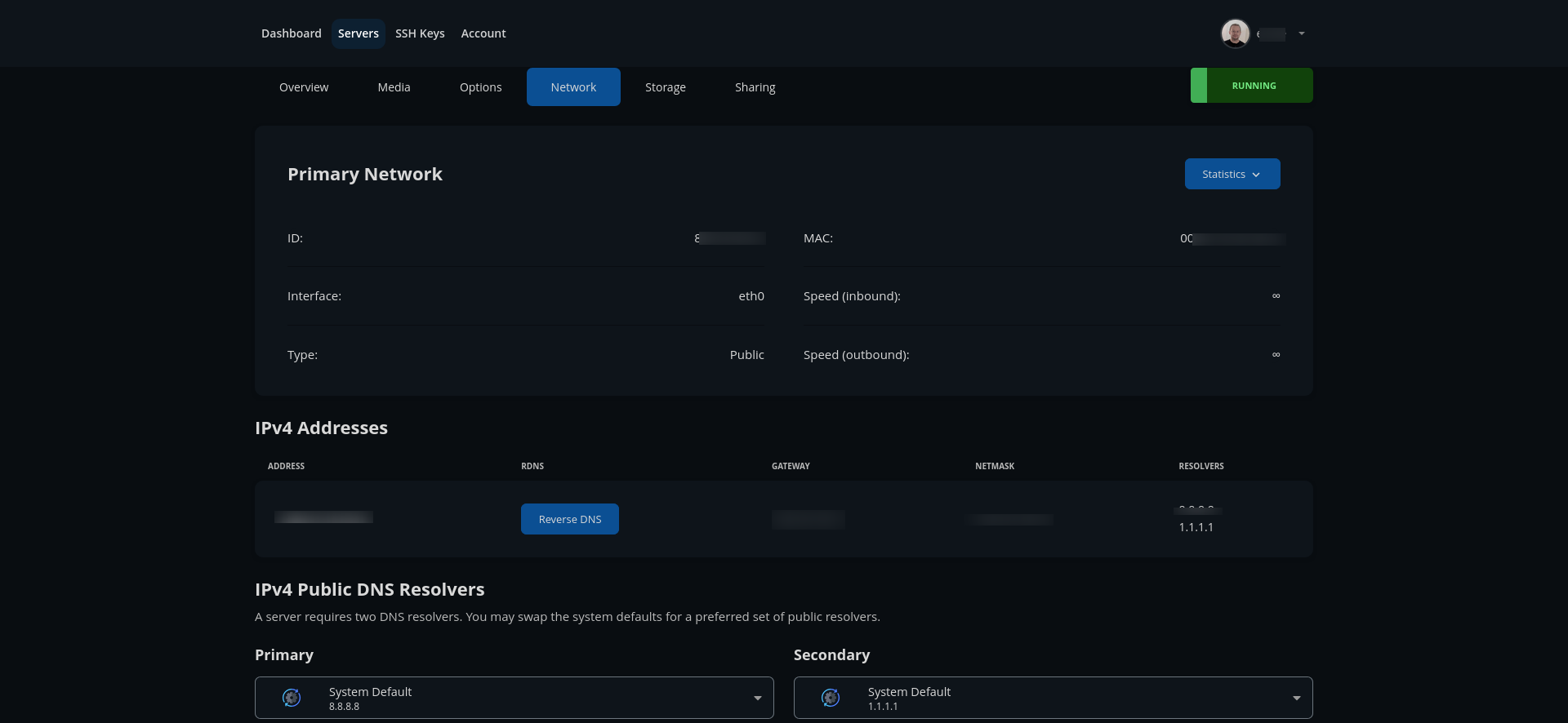 screenshot of the Network menu
