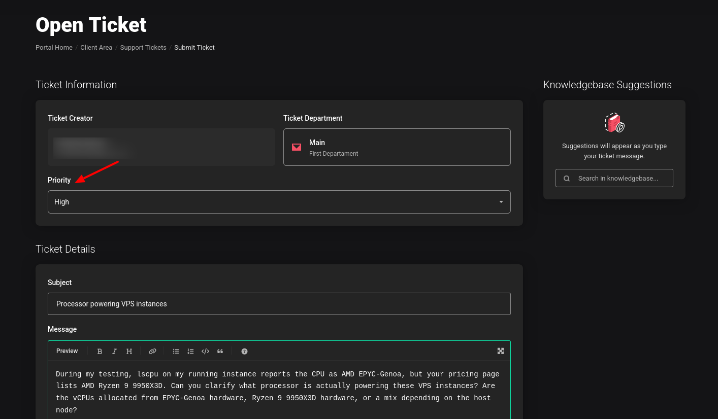 screenshot of the Ticket priority option