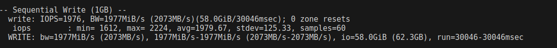 Fio sequential write results on Antihost VPS showing 1977 MiB per second