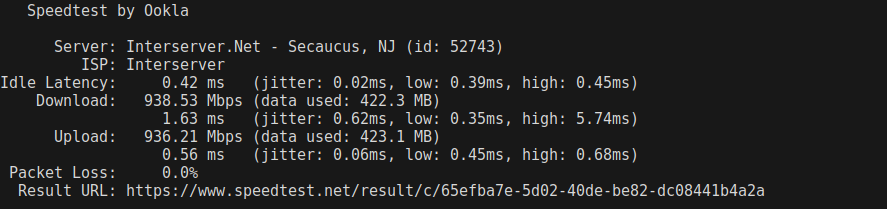 screenshot of Network Speed (Run 1) test