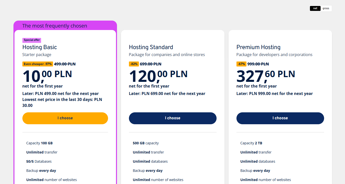 AZ.pl hosting plan selection