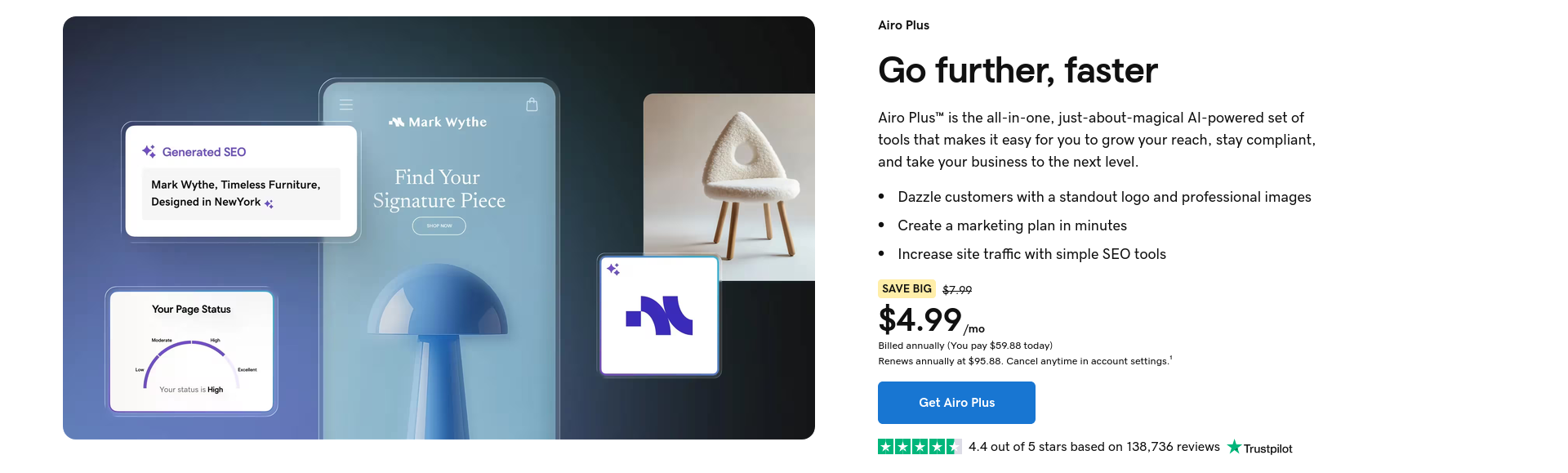 screenshot of godaddy airo plus price