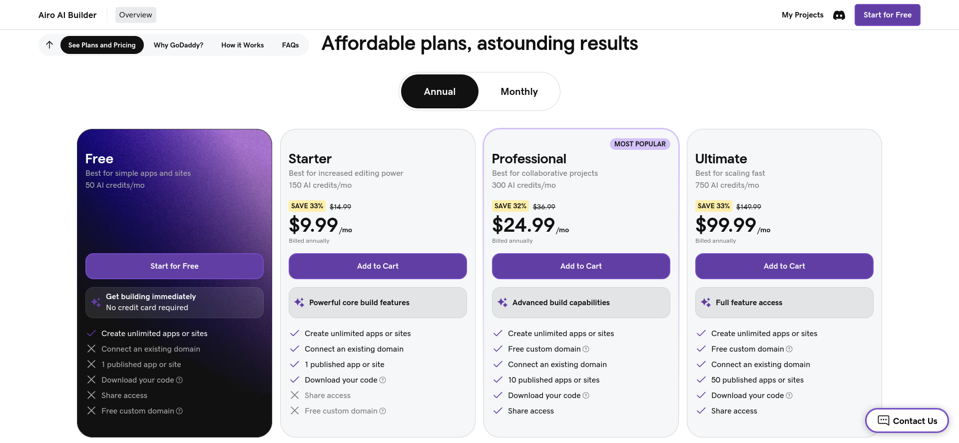 screenshot of godaddy airo plans