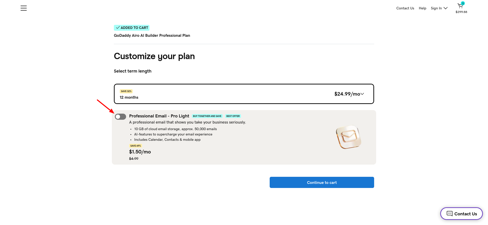 screenshot of godaddy airo plan customization