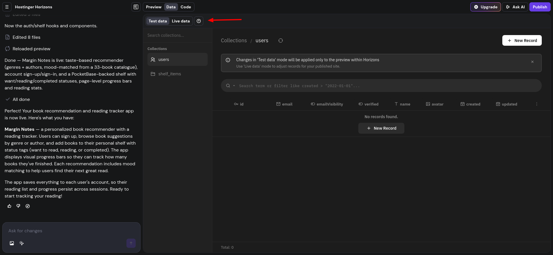 screenshot of Hostinger Horizons test data preview
