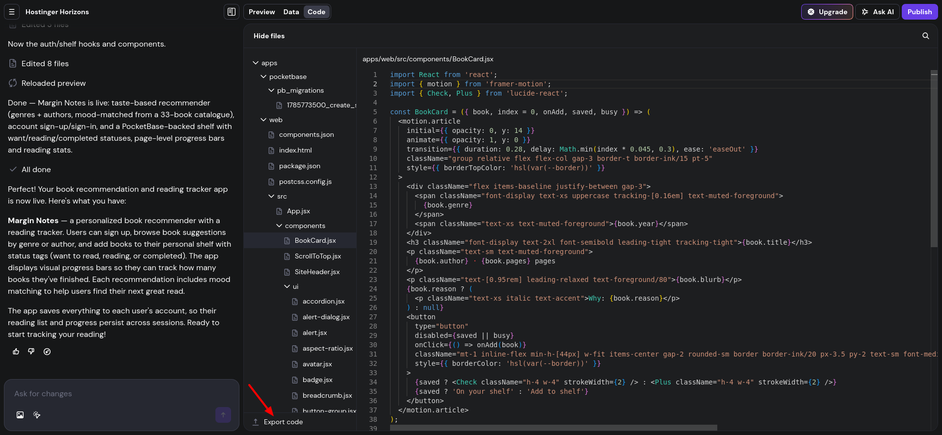 screenshot of Hostinger Horizons code editor