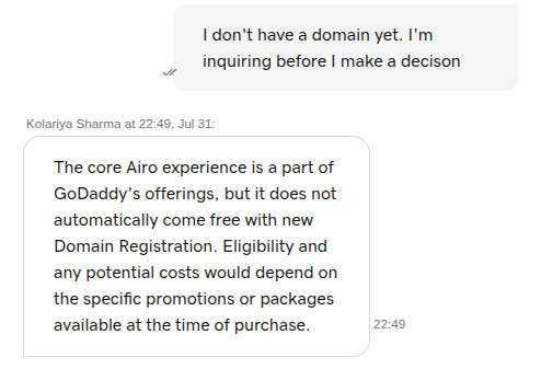 screenshot of Godaddy live chat conversation