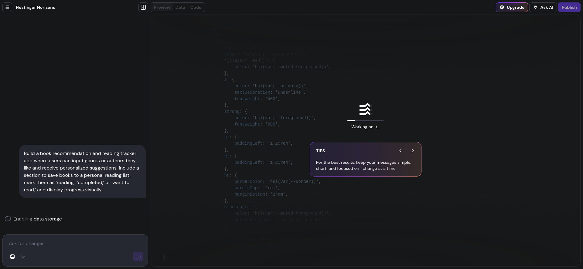 screenshot of Hostinger Horizons builder