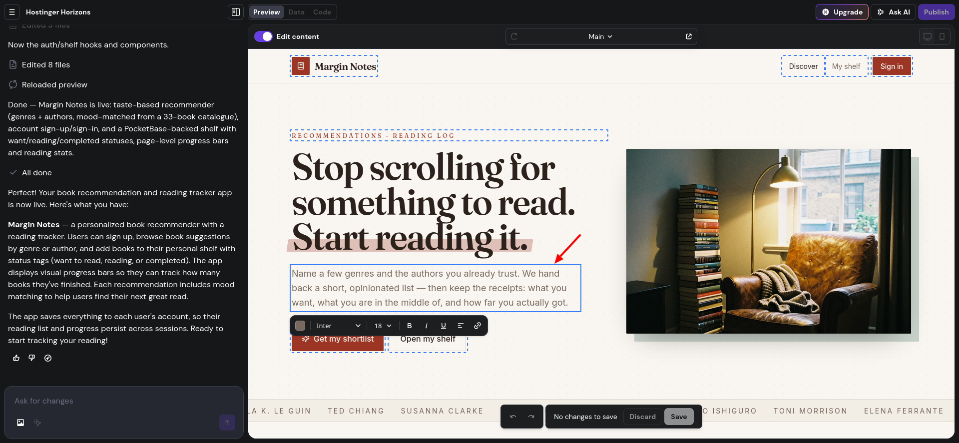 screenshot of Hostinger Horizons text editor
