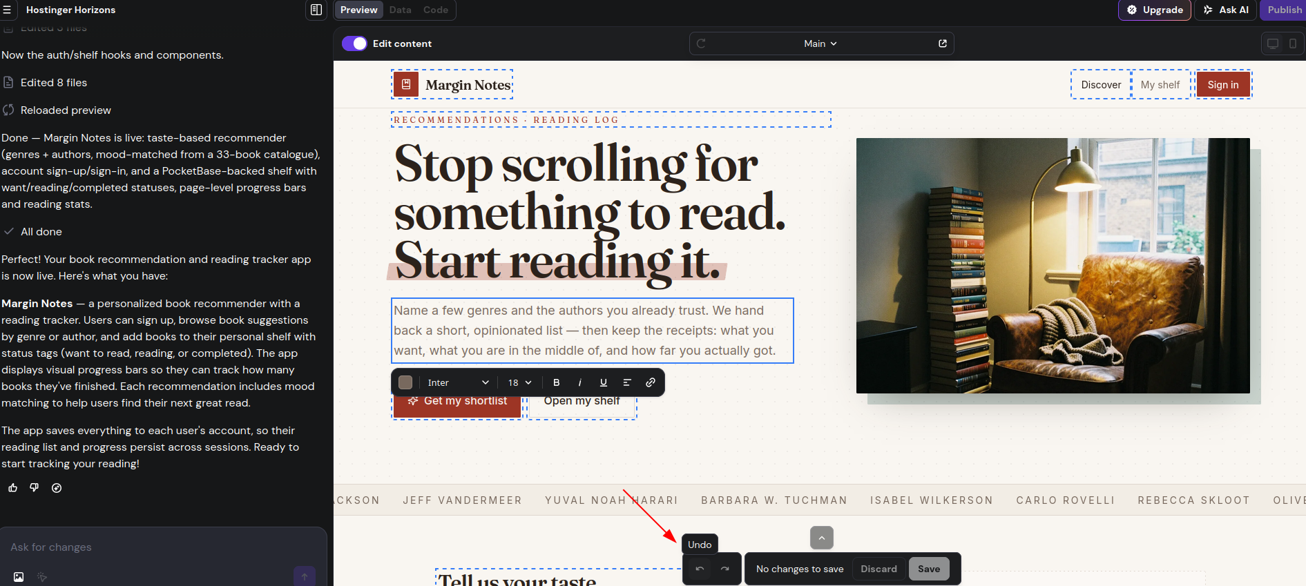 screenshot of Hostinger Horizons text editor