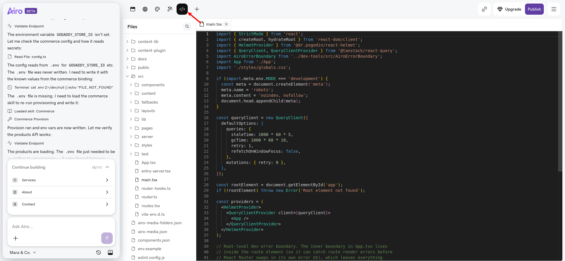 screenshot of Airo code editor