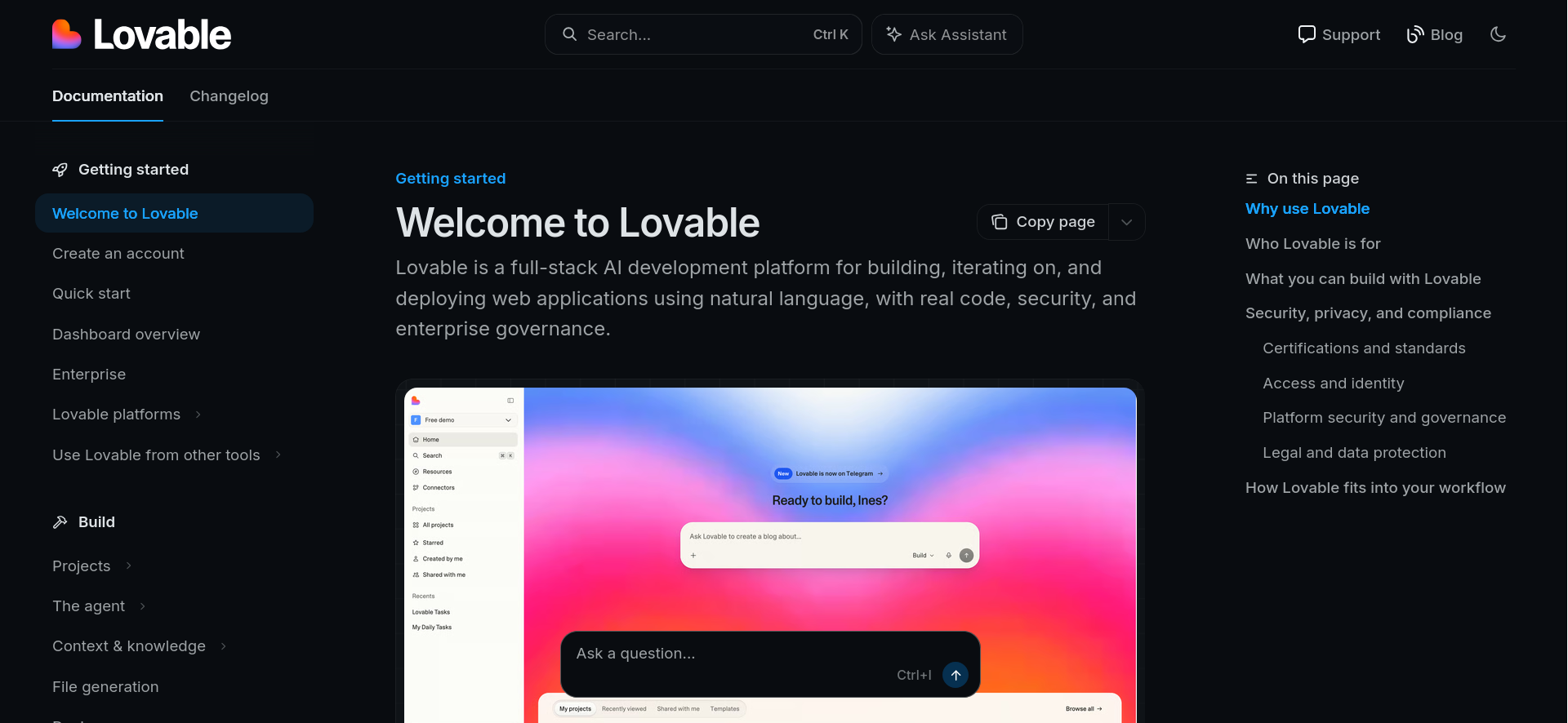 screenshot of Lovable Documentation