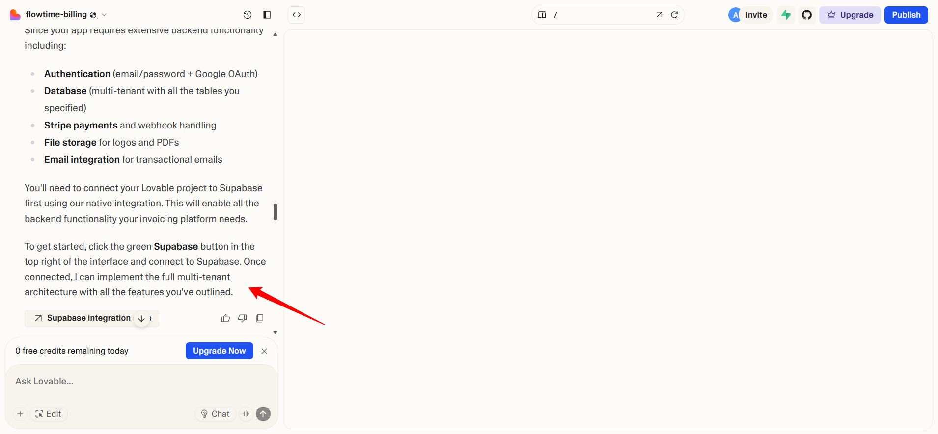 screenshot of Lovable builder Supabase integration