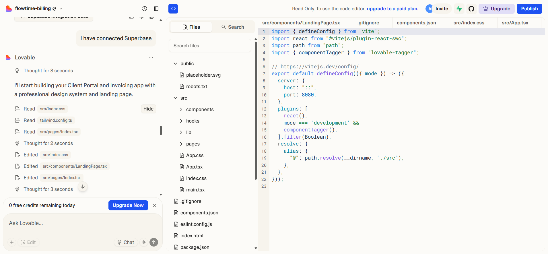 screenshot of Lovable Code editor