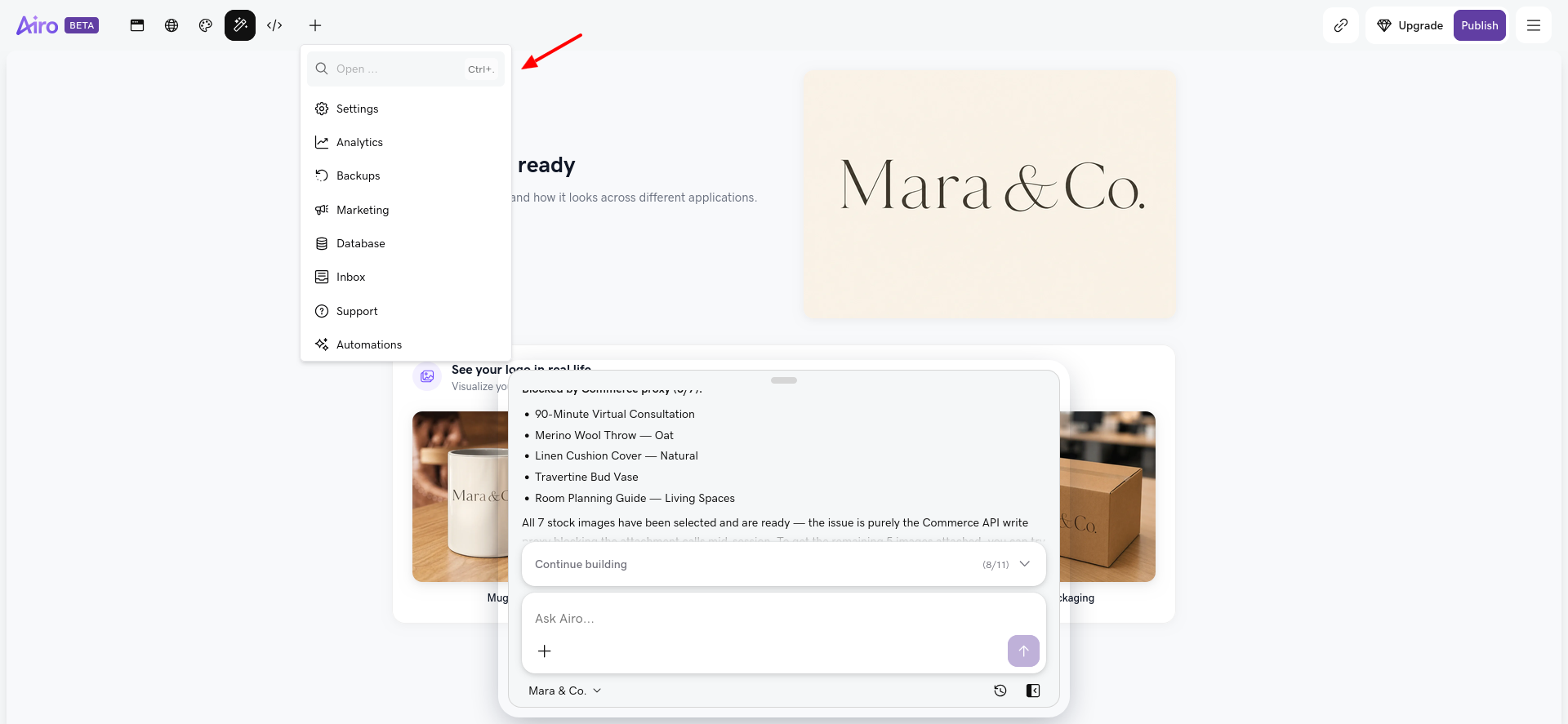 screenshot of Airo dropdown menu