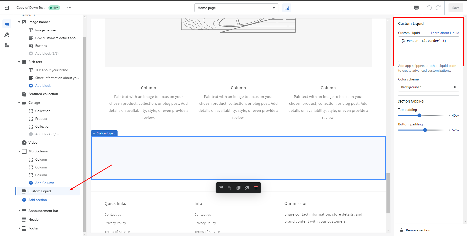 screenshot of the Custom Liquid tab