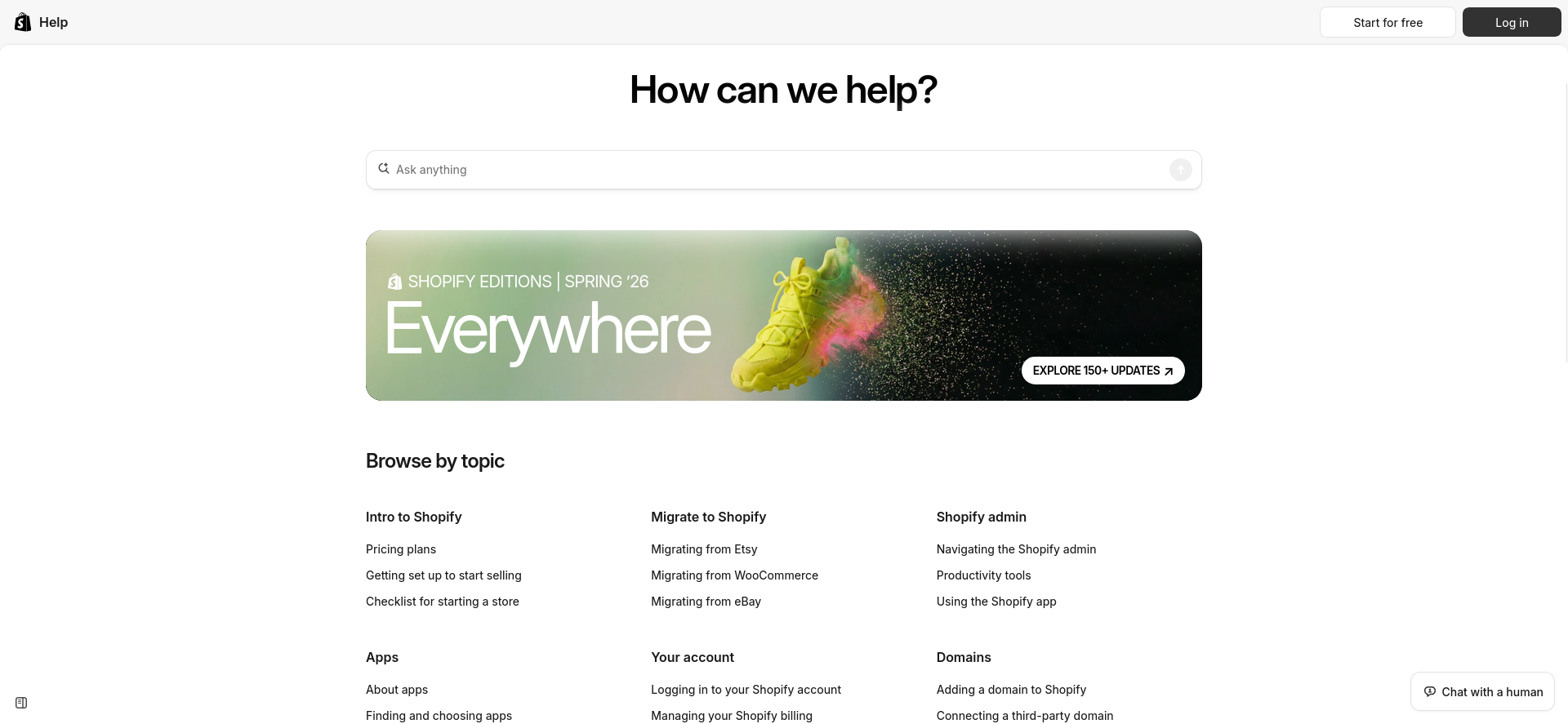 screenshot of the Shopify help page
