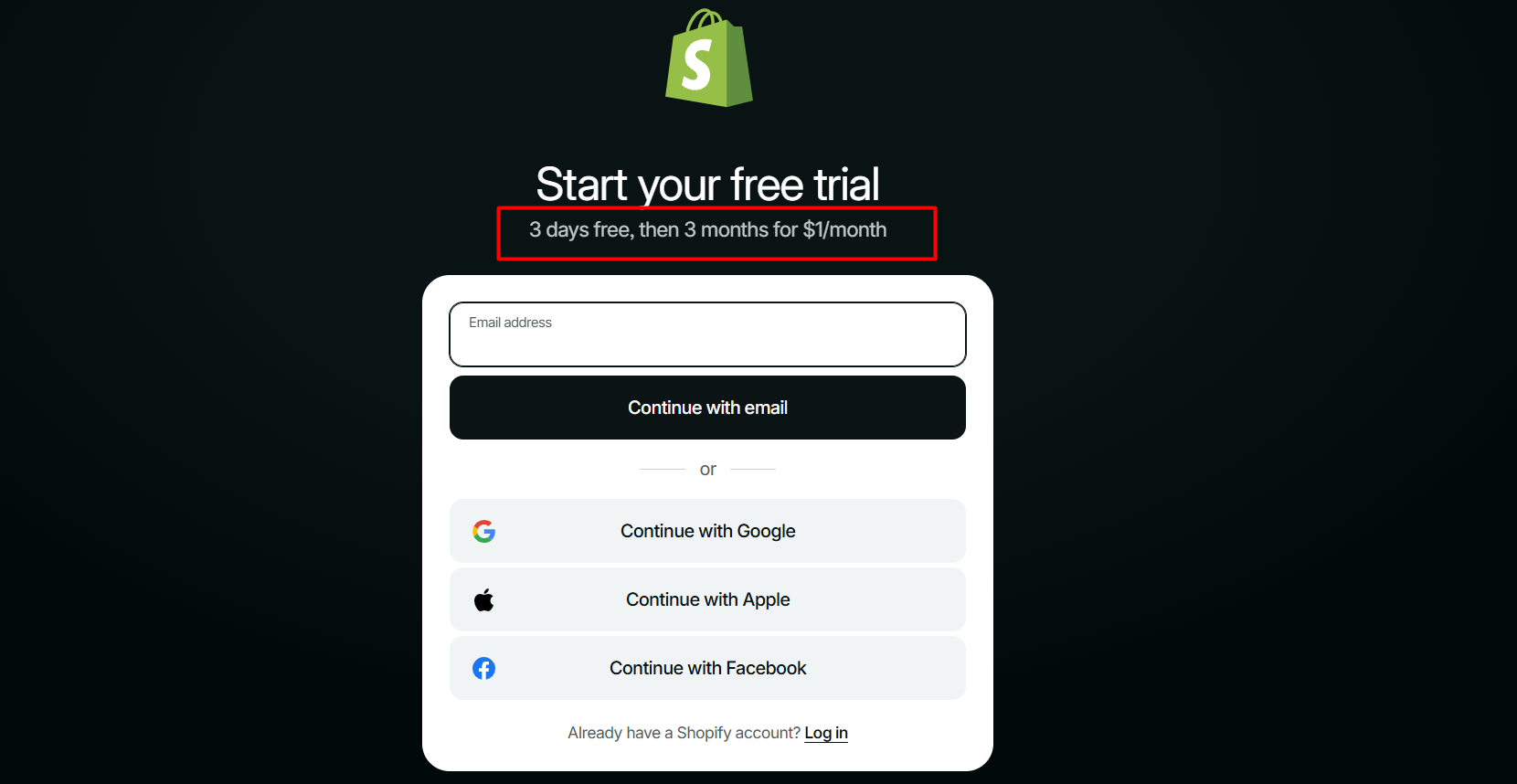 screenshot of Shopify start a free trial message