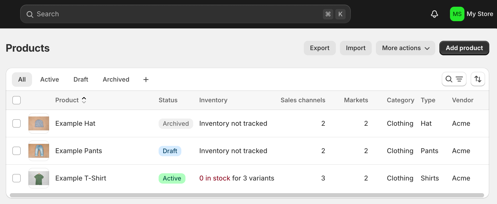 screenshot of Products tab