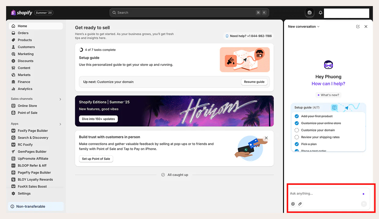 screenshot of the Shopify chat