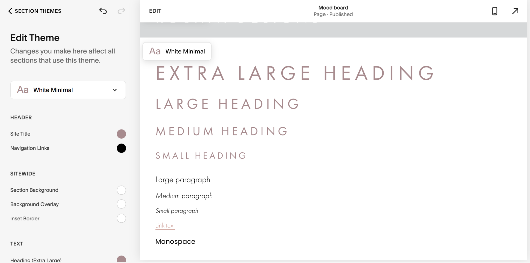 screenshot of theme editor