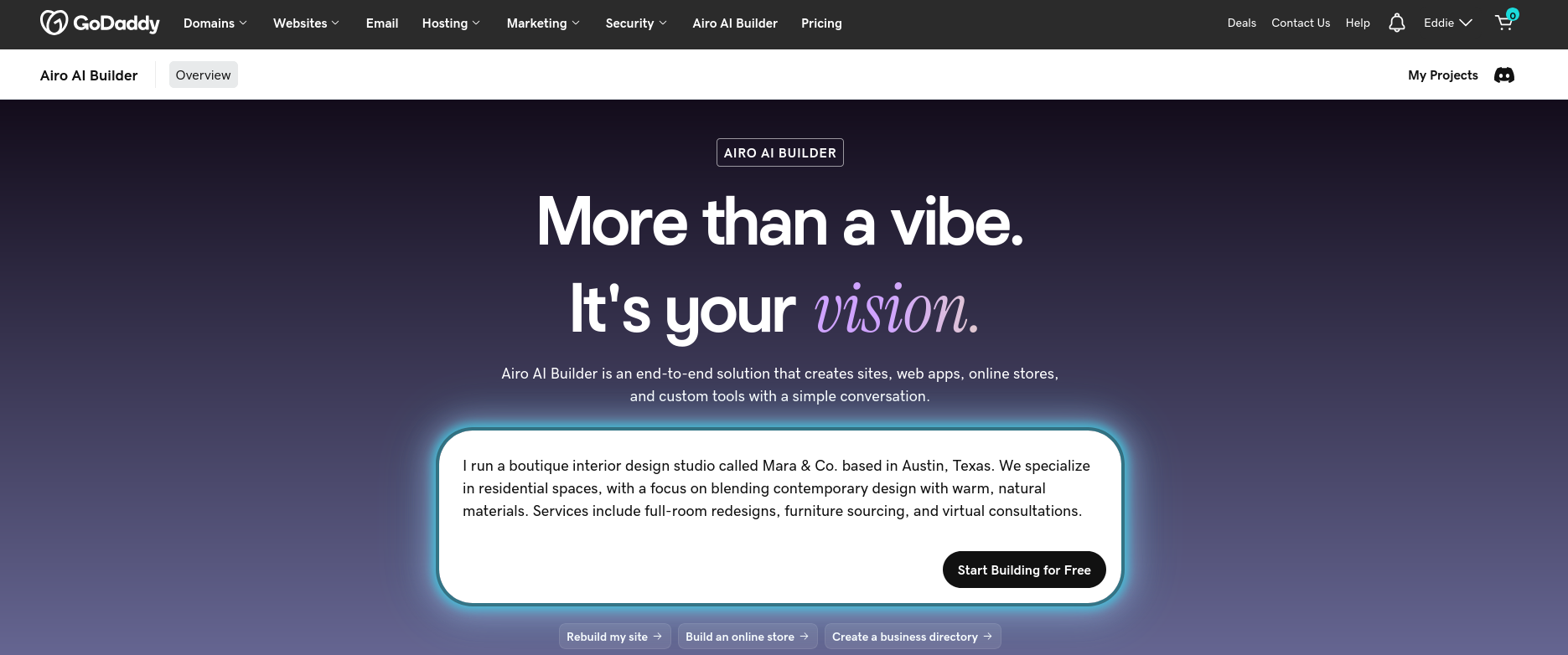 screenshot of GoDaddy Airo AI Builder page