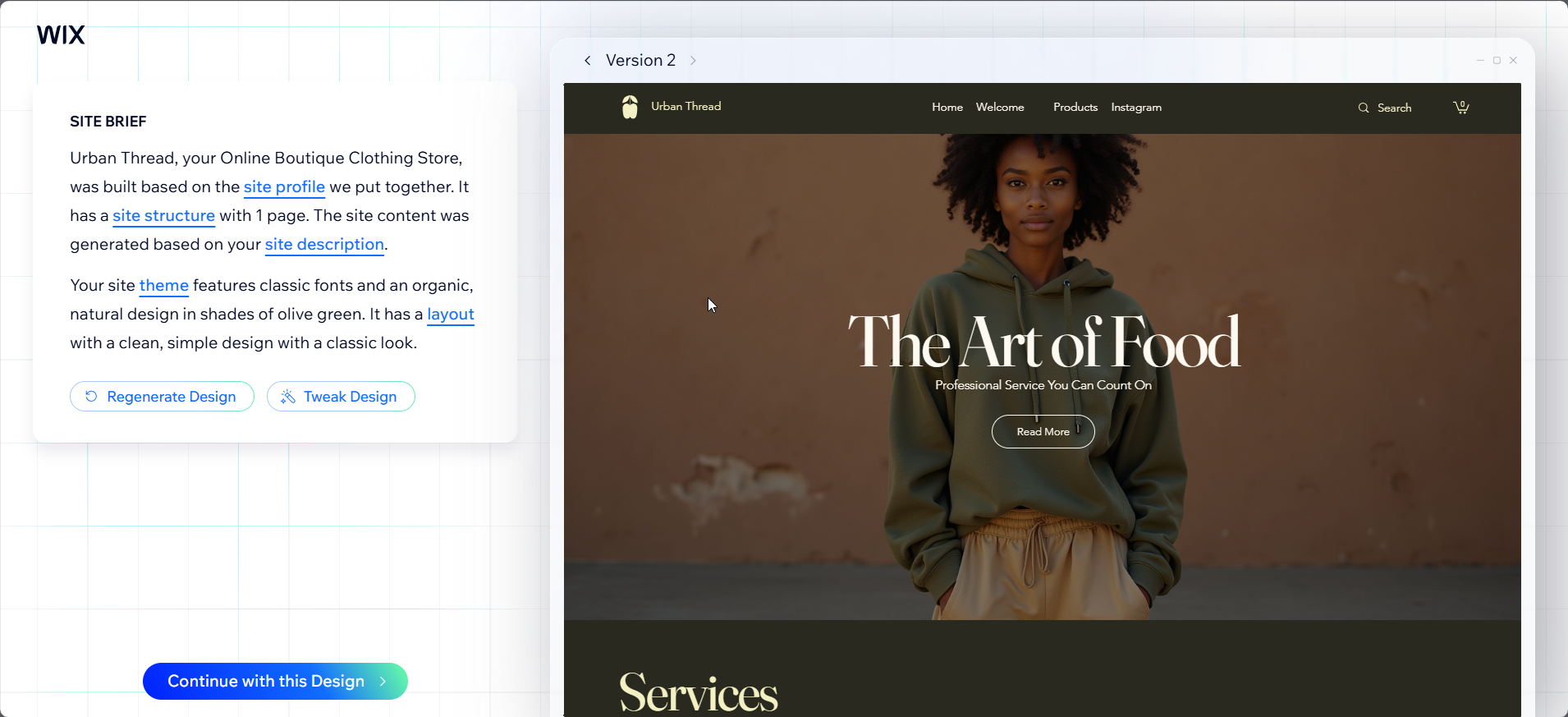 screenshot of Wix site brief