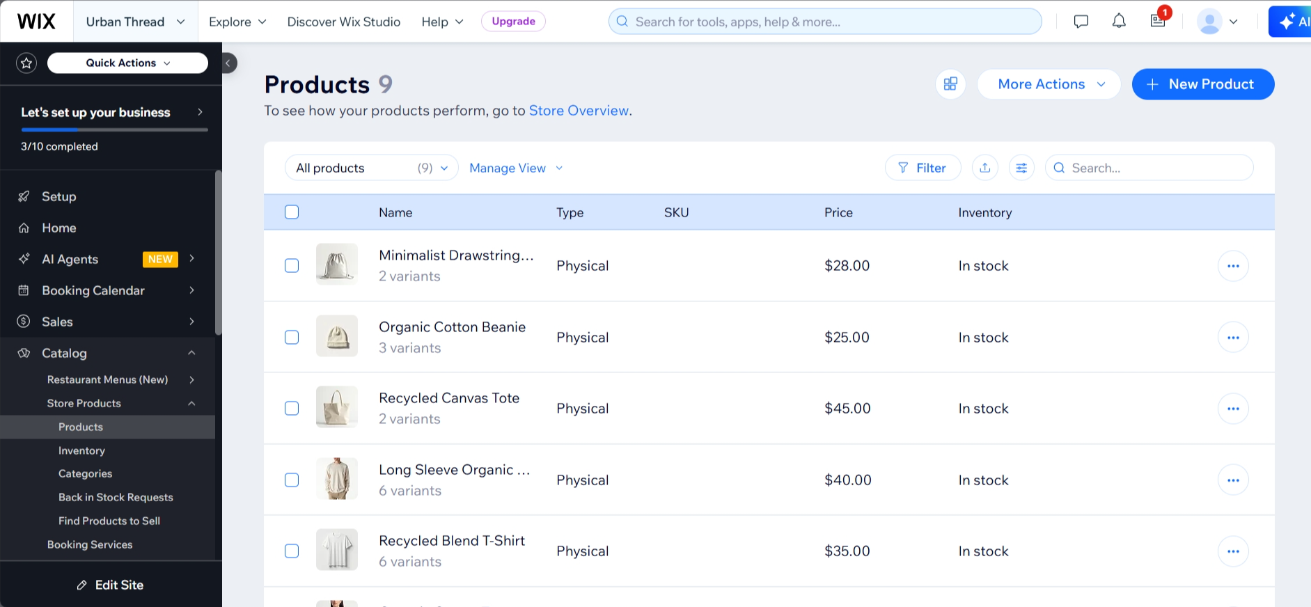 screenshot of Wix products tab