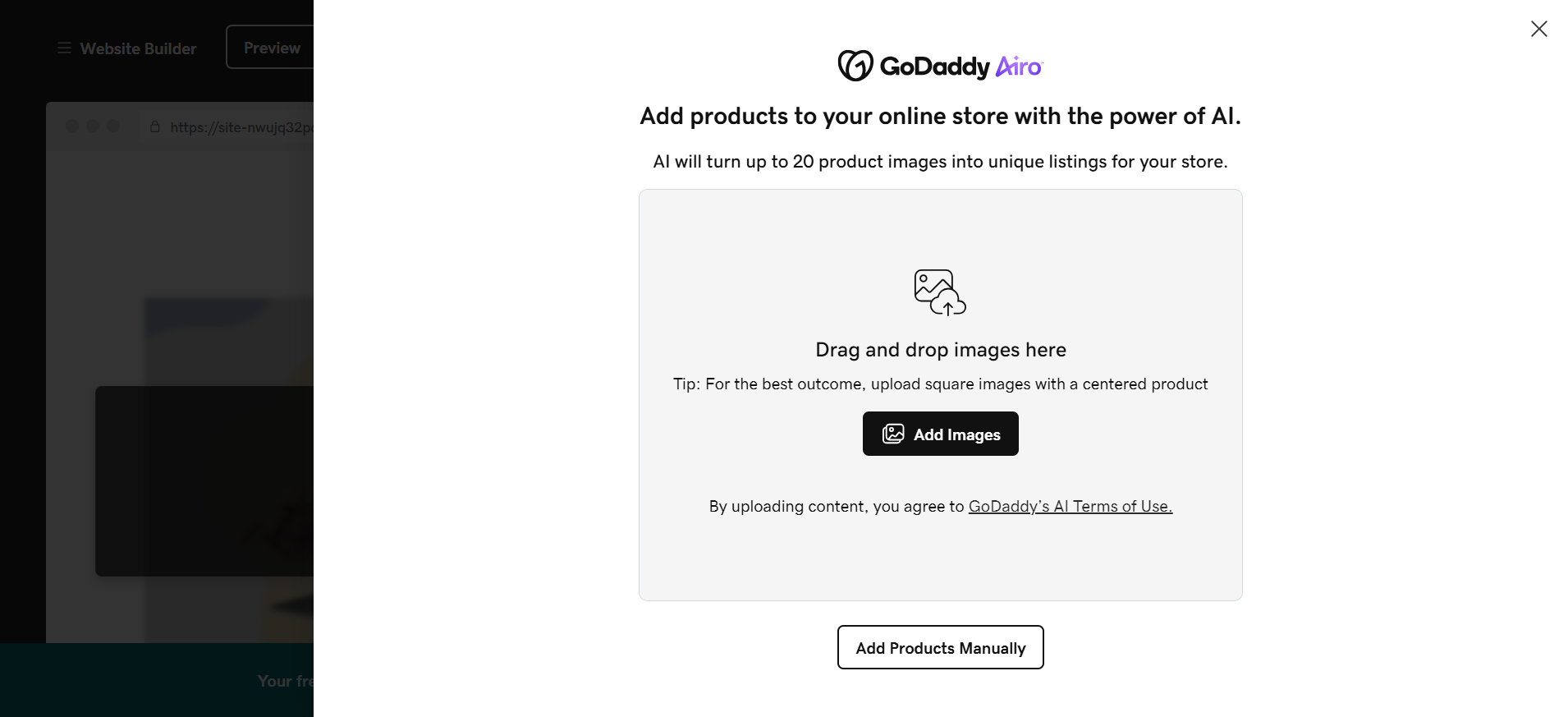 screenshot of GoDaddy Airo images menu