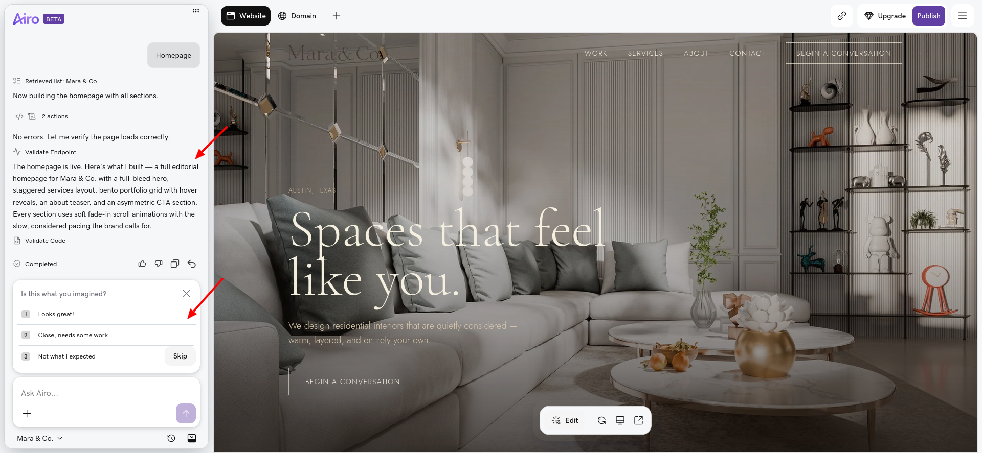 screenshot of GoDaddy Airo AI Builder
