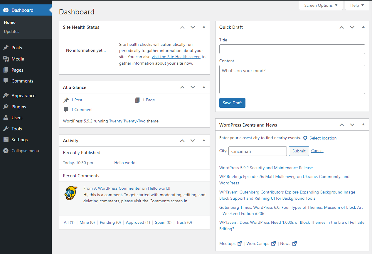 screenshot of the WordPress dashboard