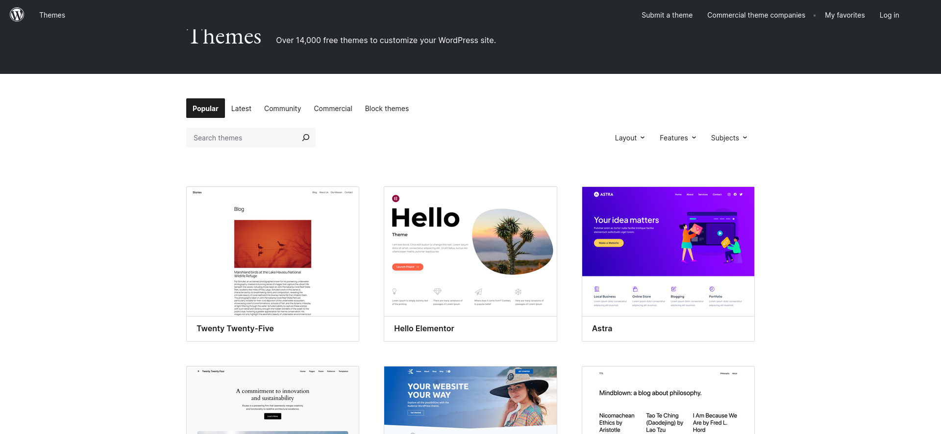 screenshot of the WordPress Themes