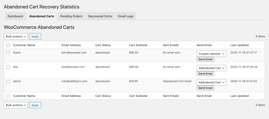 screenshot of WordPress Abandoned Carts