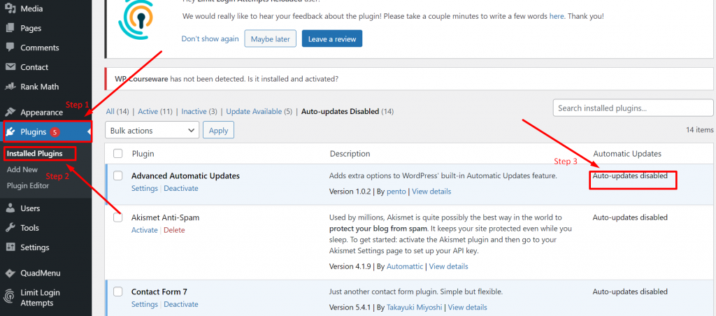 screenshot of WordPress Plugins settings