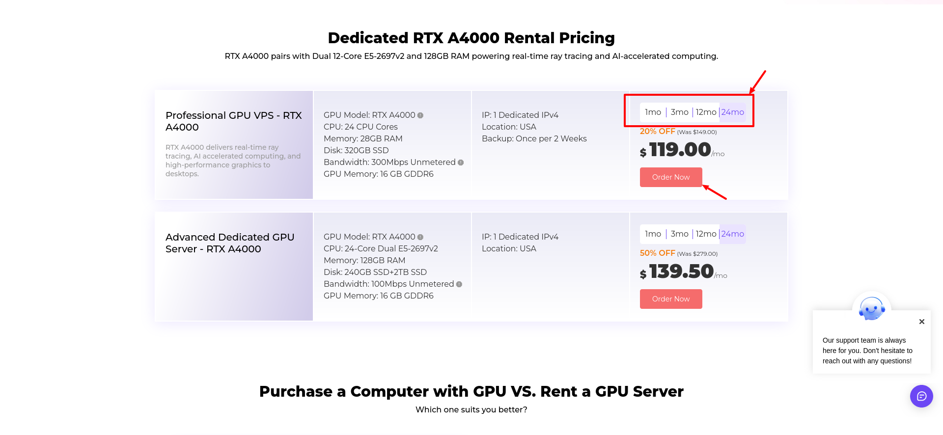 screenshot of GPU Plans pricing by cycle