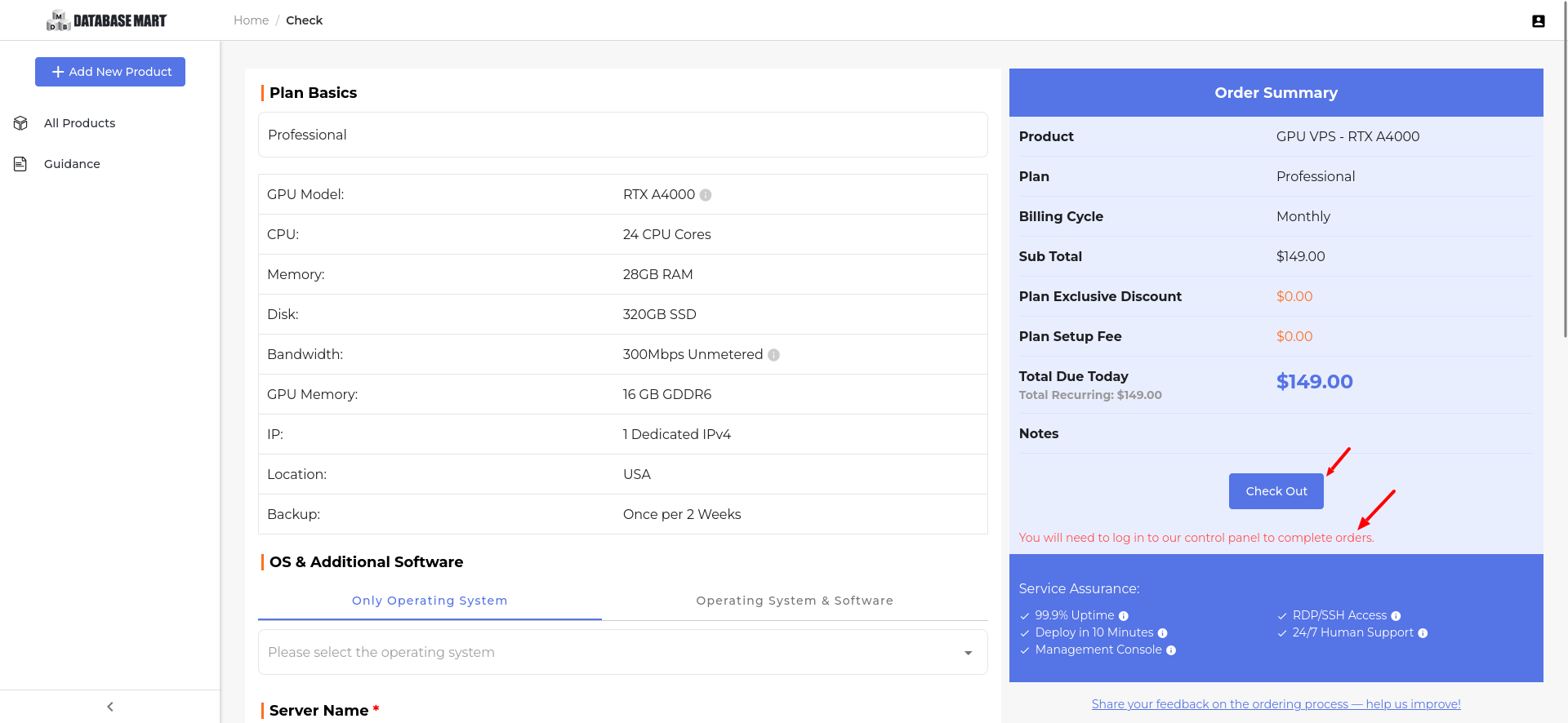 screenshot of Hosting plan configurations