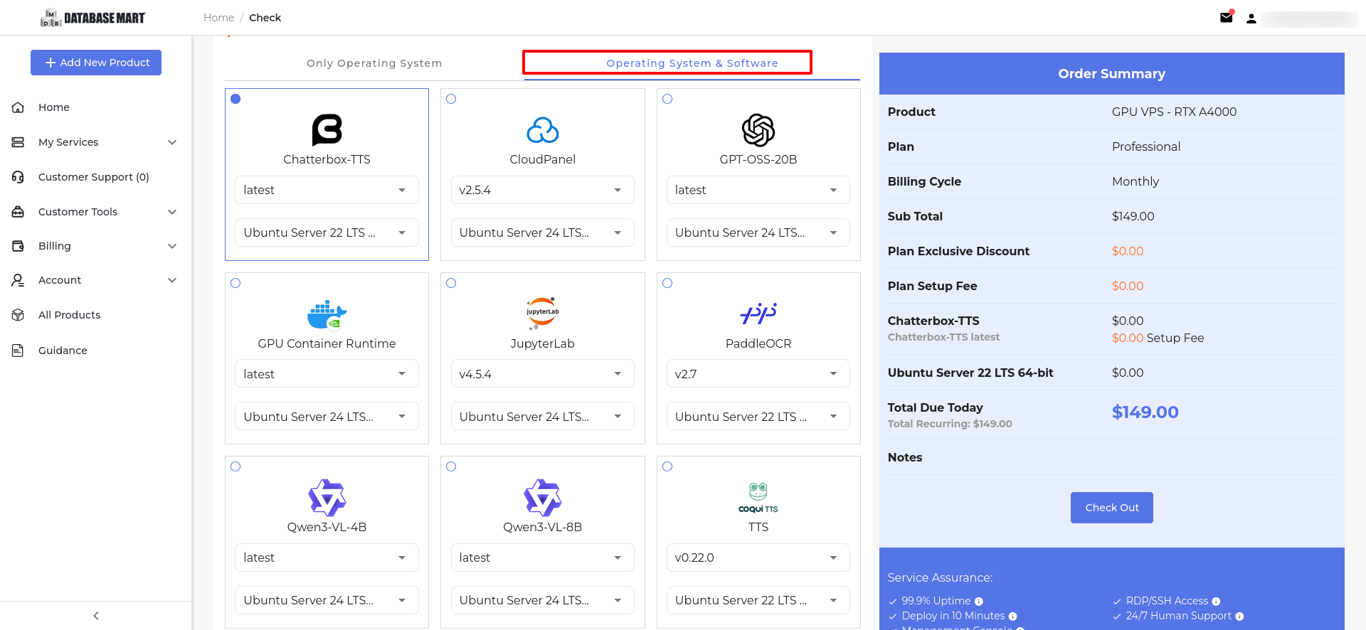 screenshot of Operating System & Software available