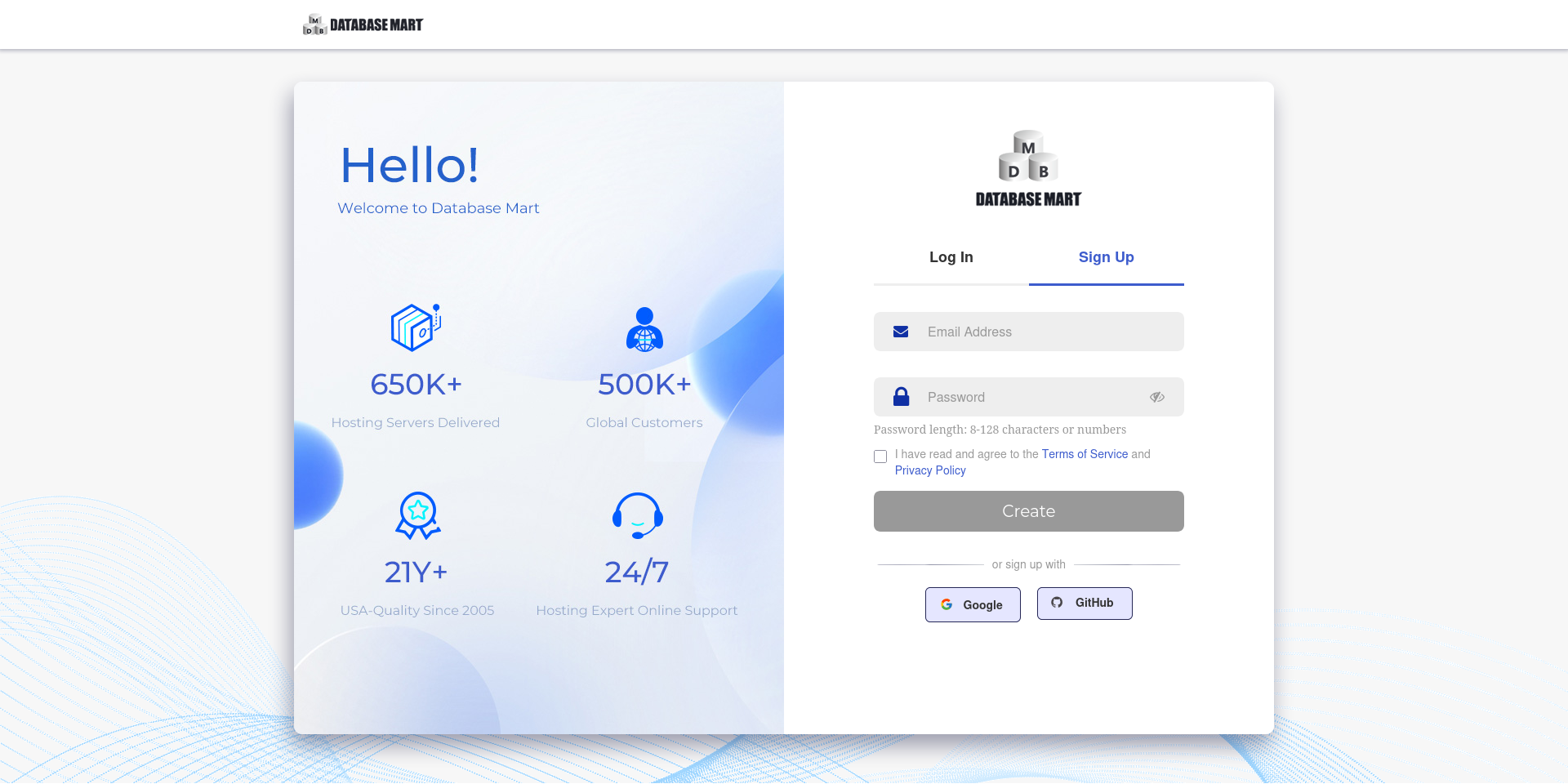 screenshot of the signup menu
