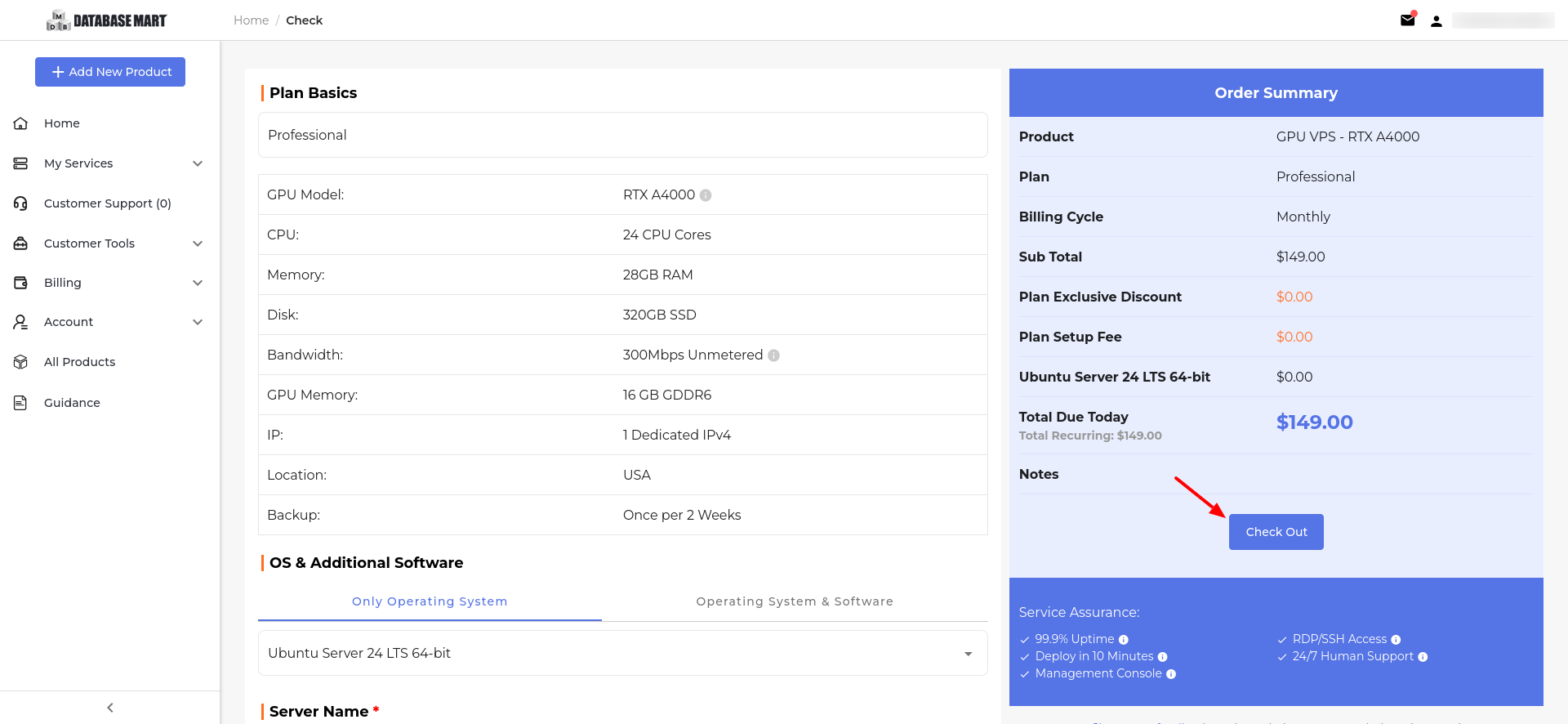 screenshot of the check out button