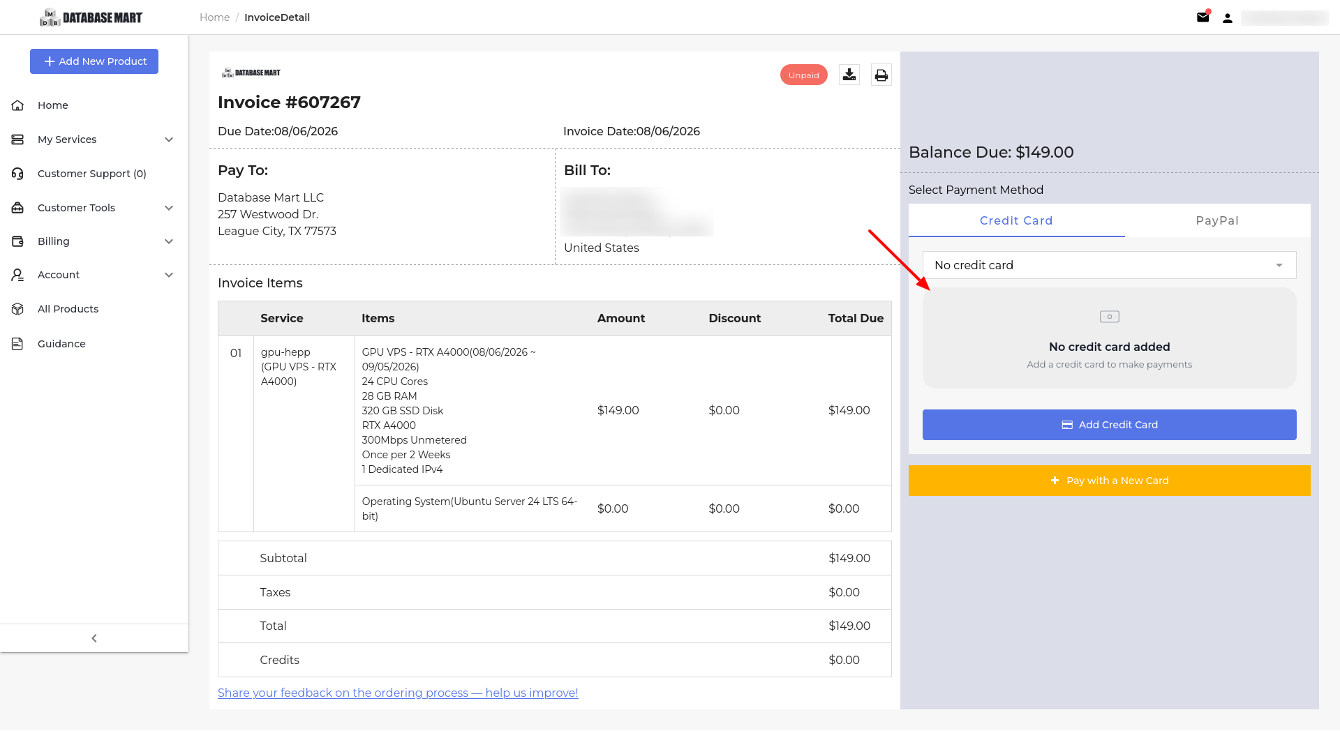 screenshot of credit card menu