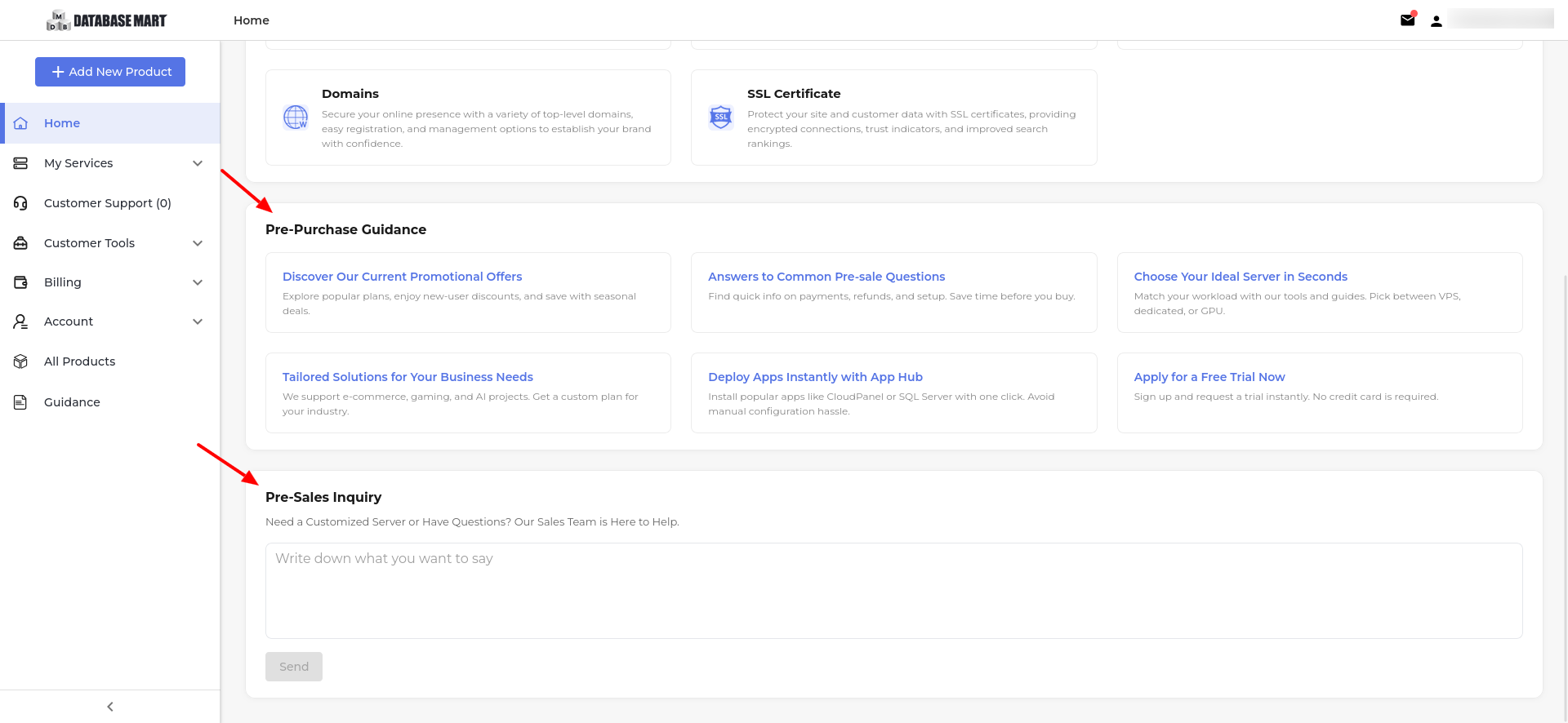 screenshot of the pre-purchase guidance and pre-sales inquiry