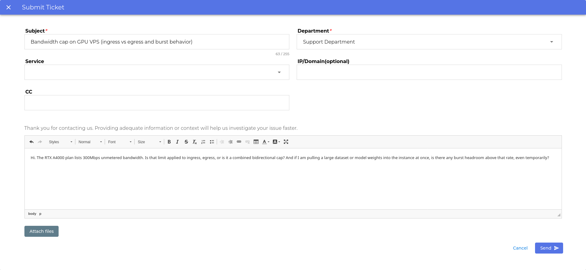 screenshot of the Submit Ticket menu