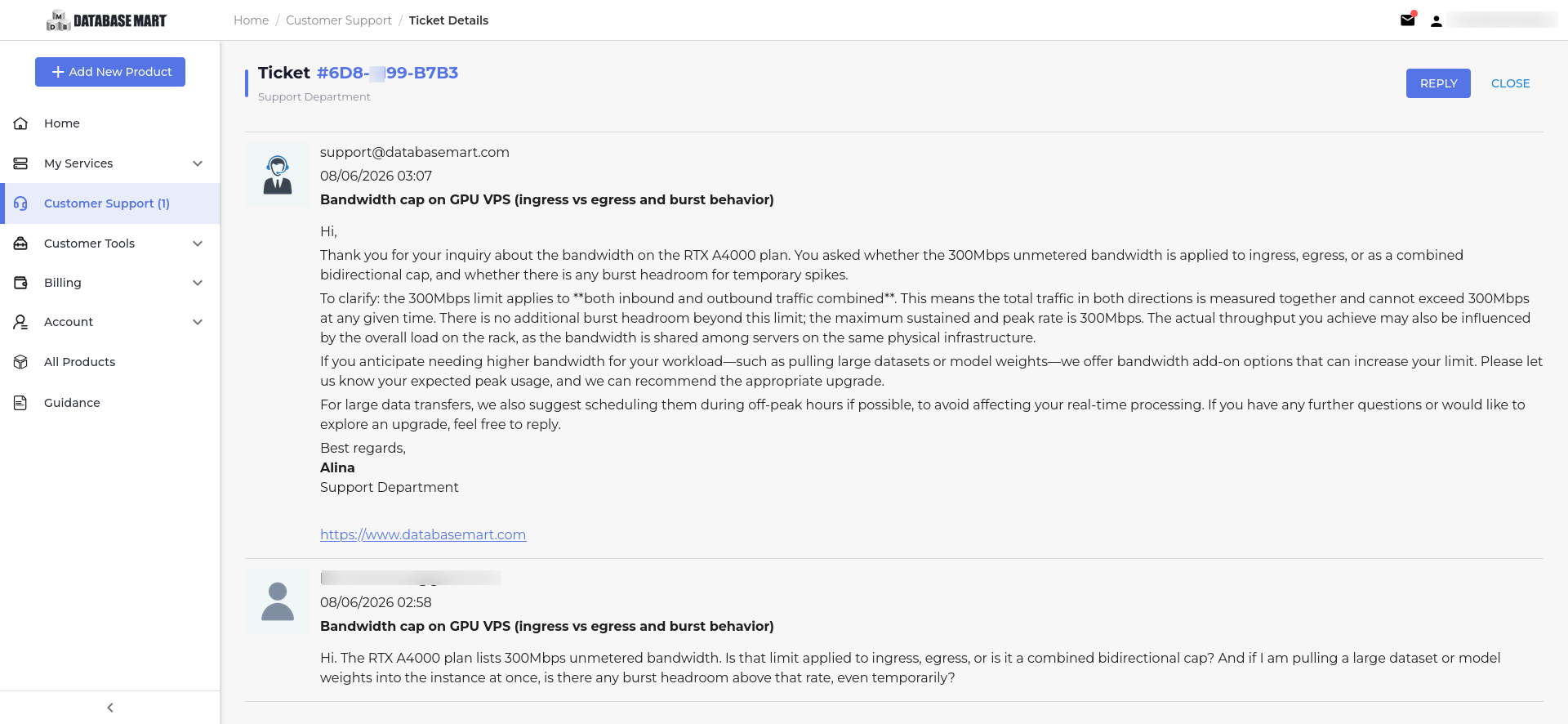 screenshot of the Ticket conversation