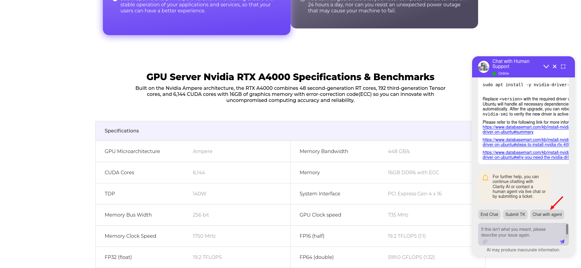 screenshot of the AI Live Chat menu